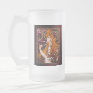 JOB by Alphonse Mucha Vintage Art Nouveau Artwork Frosted Glass Beer Mug