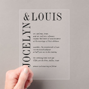 Jocelyn Black and White Modern Wedding Acrylic Invitations