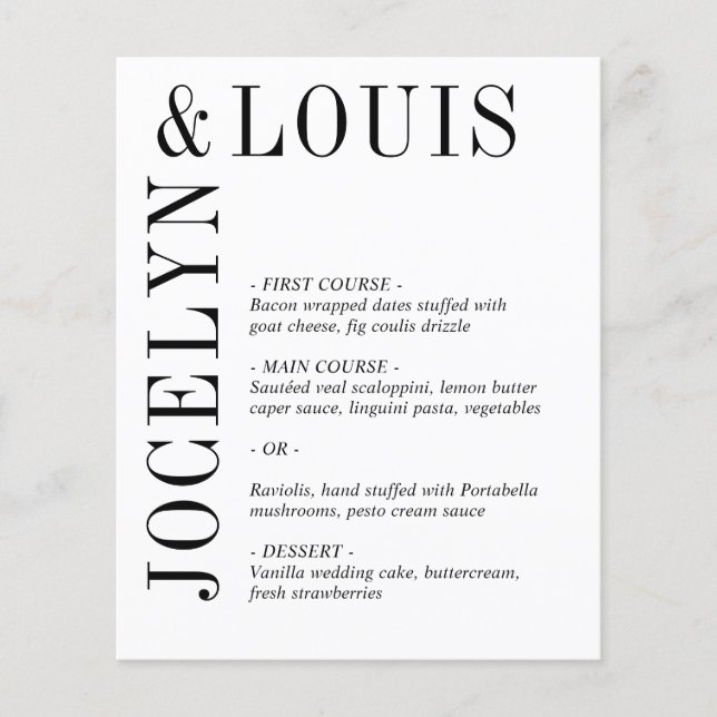 Jocelyn Black and White Modern Wedding Menu (Front)