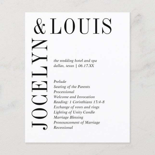 Jocelyn Black and White Modern Wedding Program (Front)