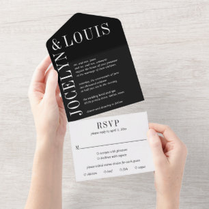 Jocelyn Black Modern Wedding All In One Invitation