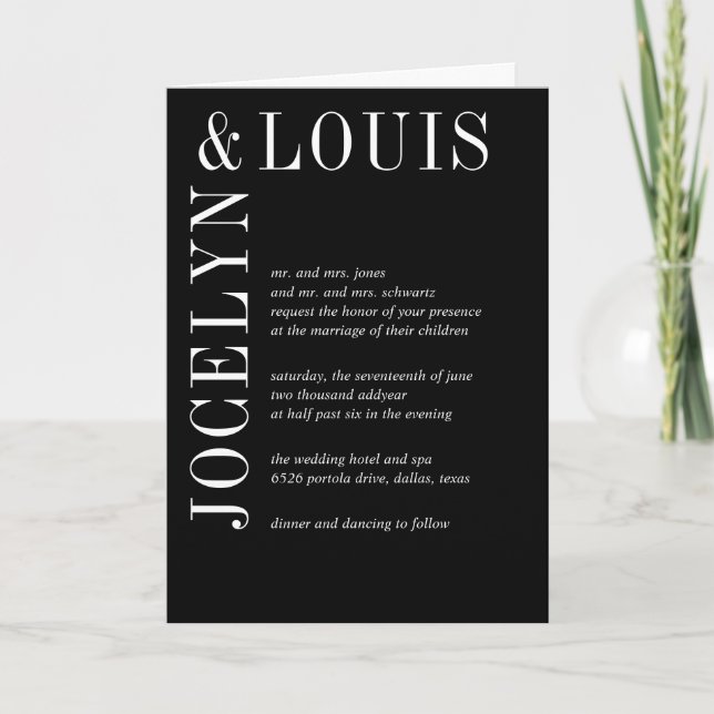 Jocelyn Black Modern Wedding Invitation (Front)