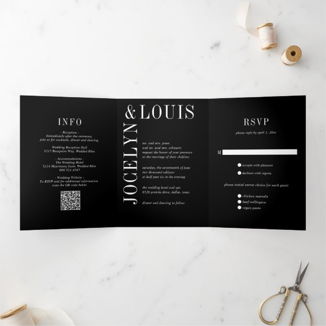 Jocelyn Black Modern Wedding Tri-Fold Invitation (Inside)
