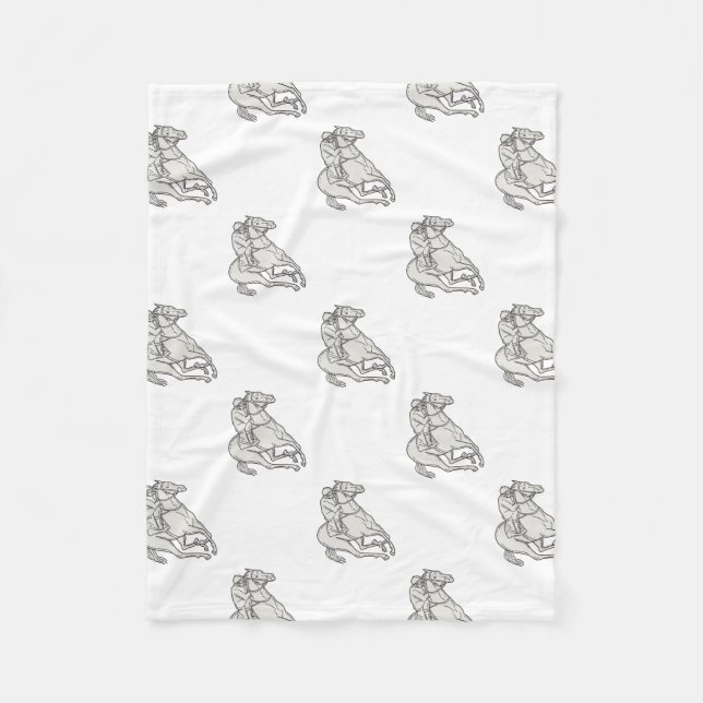 Jockey Riding Thoroughbred Horse Mono Line Fleece Blanket (Front)