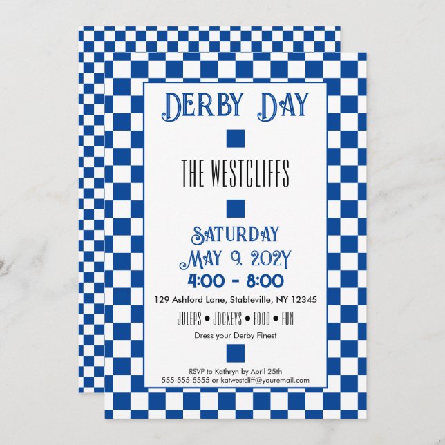 Jockey Silk Blocks Blue and White Derby Invitation (Front/Back)