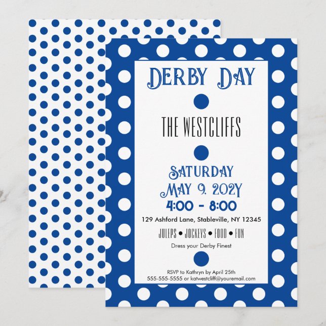 Jockey Silk Dots Blue and White Derby Party Invitation (Front/Back)