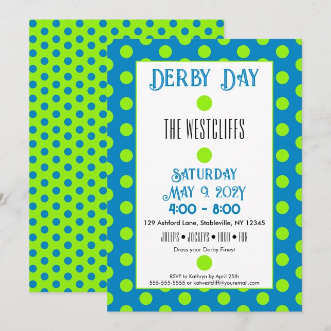 Jockey Silk Dots Green and Blue Derby  Invitation (Front/Back)
