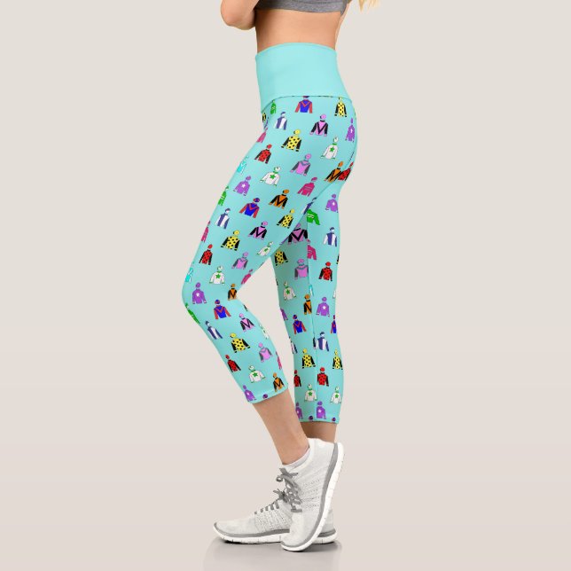 Jockey Silks Horse Riding Pattern on Blue Capri Leggings (Left)