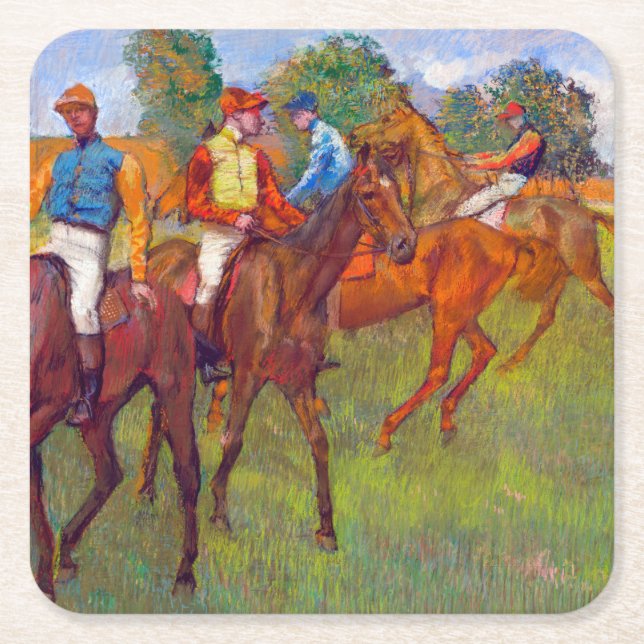 Jockeys and Race Horses, Edgar Degas Square Paper Coaster (Front)