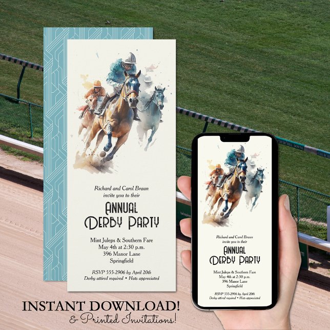 Jockeys and Racehorses Derby Party Invitation (Jockeys and Racehorses Derby Party Invitations - INSTANT DOWNLOAD and/or PRINTED or both!)