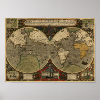 Jodocus Hondius 1595 Map of the World Poster