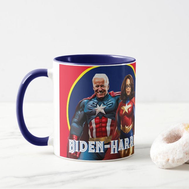 Joe Biden and Kamala Harris as  Superheros Mug (With Donut)
