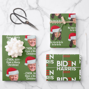 Joe Biden Kamala Harris Santa Hat Merry Christmas Wrapping Paper Sheet