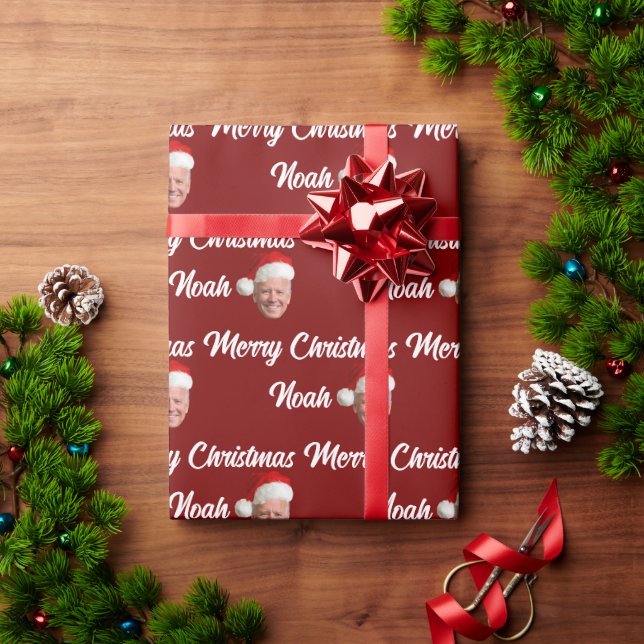 Joe Biden Merry Christmas | Custom Name Trendy Red Wrapping Paper (Holiday Gift)