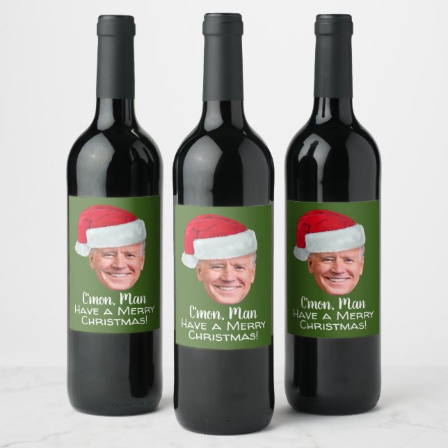 Joe Biden Santa Hat C'mon Man - Merry Christmas Wine Label (Bottles)