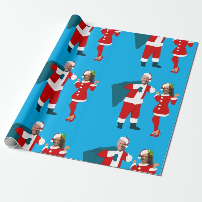 joe biden santa kamala harris blue christmas wrapping paper (Unrolled)
