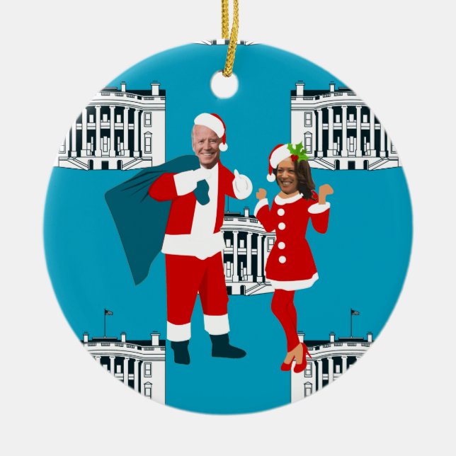 joe biden santa kamala harris blue white house ceramic tree decoration (Front)