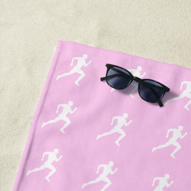 Jogging Runners & Heartbeat Line on Pastel Pink Beach Towel (In Situ)