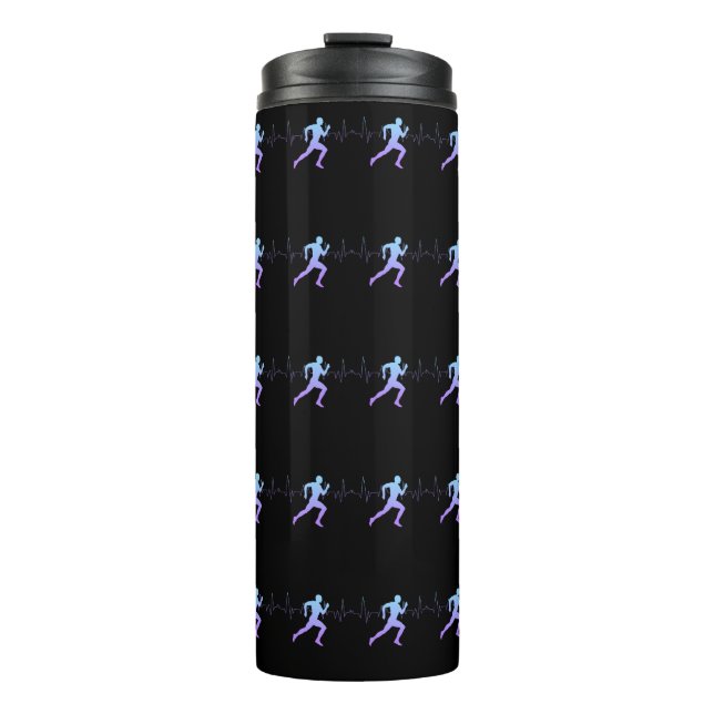 Jogging - Runners Silhouette with Heartbeat Black Thermal Tumbler (Front)