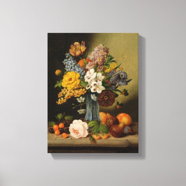 Johann Geor Seitz Flowers in a Blue Vase and Fruit Canvas Print (Front)