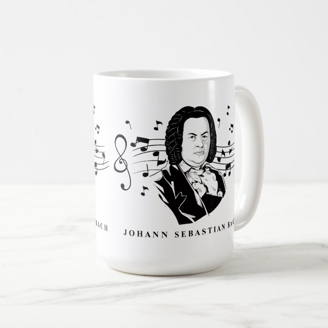 Johann Sebastian Bach Portrait and Bust with Notes Coffee Mug (Front Right)