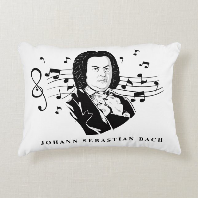 Johann Sebastian Bach Portrait and Bust with Notes Decorative Cushion (Front)