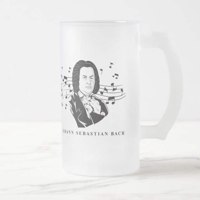 Johann Sebastian Bach Portrait and Bust with Notes Frosted Glass Beer Mug (Right)