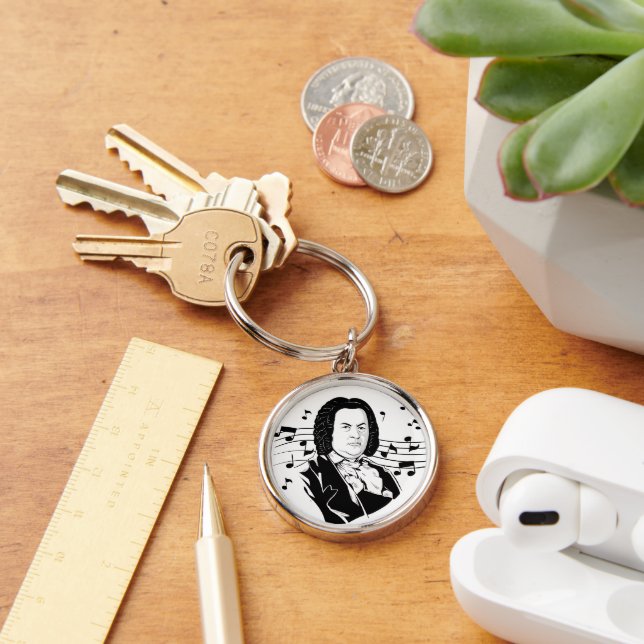 Johann Sebastian Bach Portrait and Bust with Notes Key Ring (Desk)