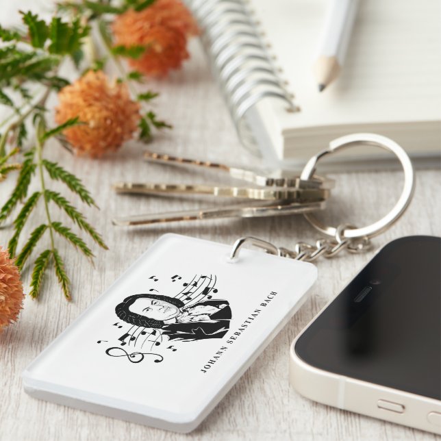 Johann Sebastian Bach Portrait and Bust with Notes Key Ring (Front Right)