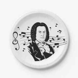 Johann Sebastian Bach Portrait and Bust with Notes Paper Plate