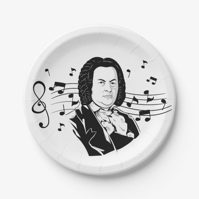 Johann Sebastian Bach Portrait and Bust with Notes Paper Plate (Front)