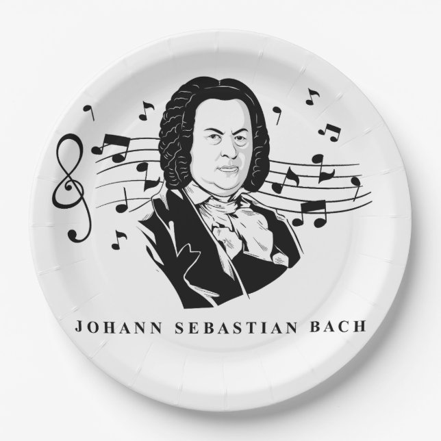 Johann Sebastian Bach Portrait and Bust with Notes Paper Plate (Front)