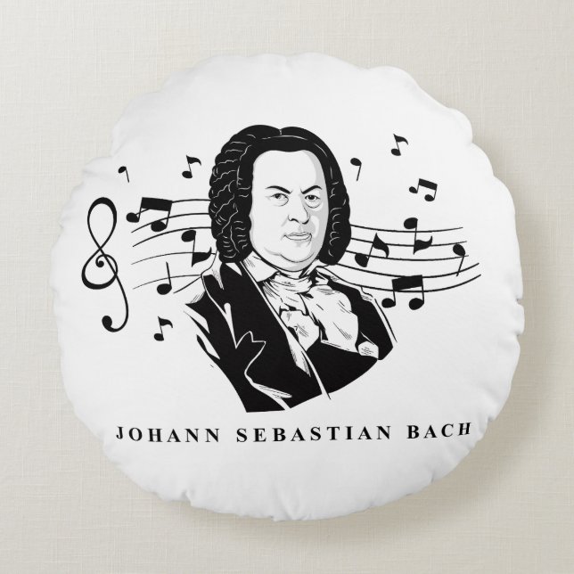 Johann Sebastian Bach Portrait and Bust with Notes Round Cushion (Front)