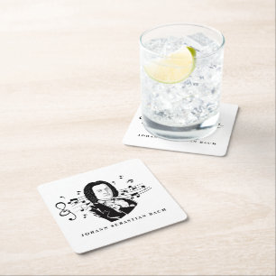 Johann Sebastian Bach Portrait and Bust with Notes Square Paper Coaster