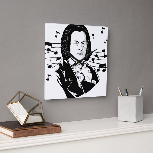 Johann Sebastian Bach Portrait and Bust with Notes Square Wall Clock (Office)