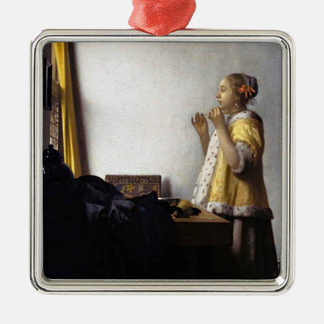 Johannes Vermeer - Young Woman with Pearl Necklace Metal Tree Decoration (Front)