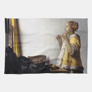 Johannes Vermeer - Young Woman with Pearl Necklace Tea Towel
