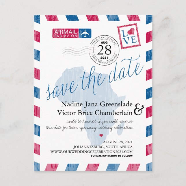 Johannesburg South Africa Airmail Save The Date Announcement Postcard (Front)