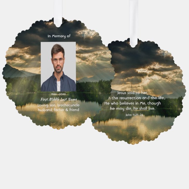 John 11: 25, Scripture Memorial Keepsake  Tree Decoration Card (Front/Back)