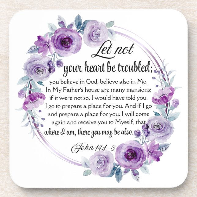 John 14:1-3 Bible Verse Purple Floral Coaster (Front)