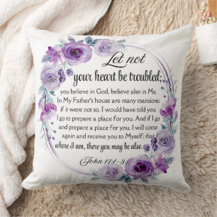 John 14:1-3 Bible Verse Purple Floral Cushion