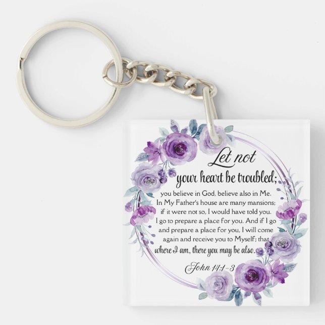John 14:1-3 Bible Verse Purple Floral Key Ring (Front)
