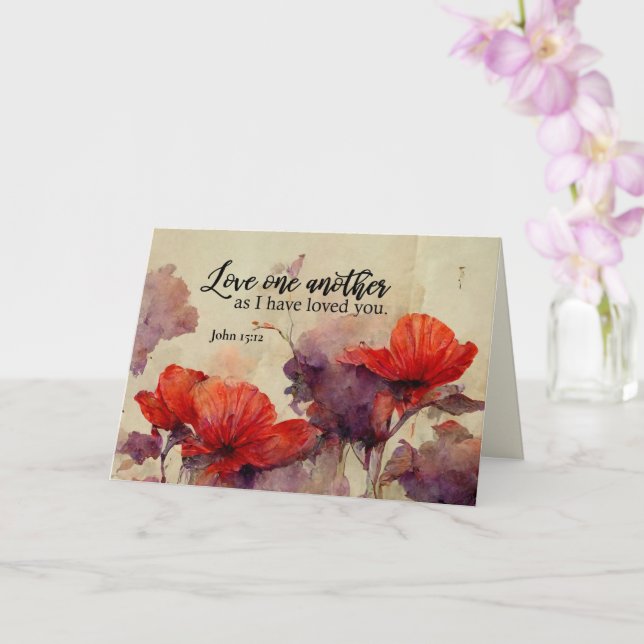 John 15:12 Love One Another Bible Verse Red Floral Card (Orchid)