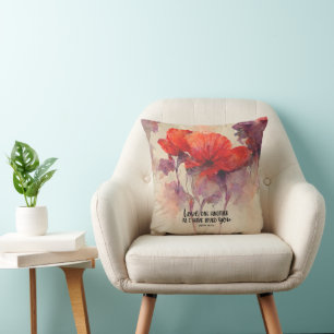 John 15:12 Love One Another Bible Verse Red Floral Cushion