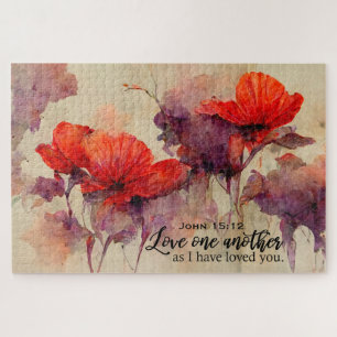 John 15:12 Love One Another Bible Verse Red Floral Jigsaw Puzzle
