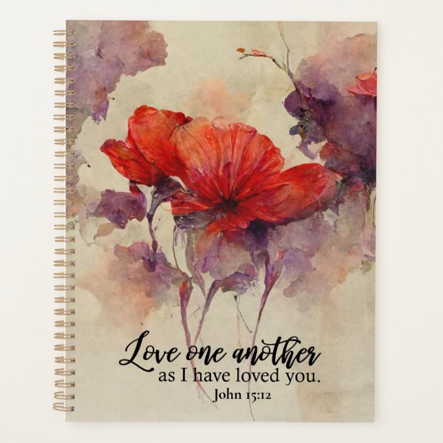 John 15:12 Love One Another Bible Verse Red Floral Planner (Front)