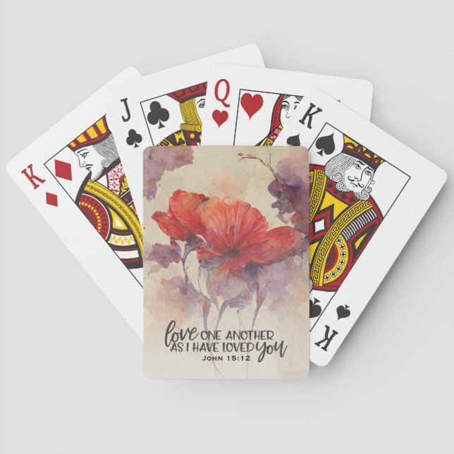 John 15:12 Love One Another Bible Verse Red Floral Playing Cards (Back)