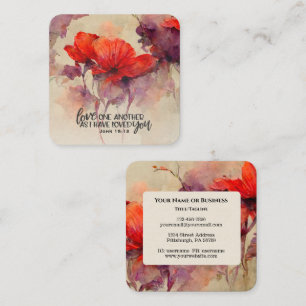 John 15:12 Love One Another Bible Verse Red Floral Square Business Card
