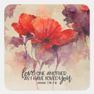 John 15:12 Love One Another Bible Verse Red Floral Square Sticker