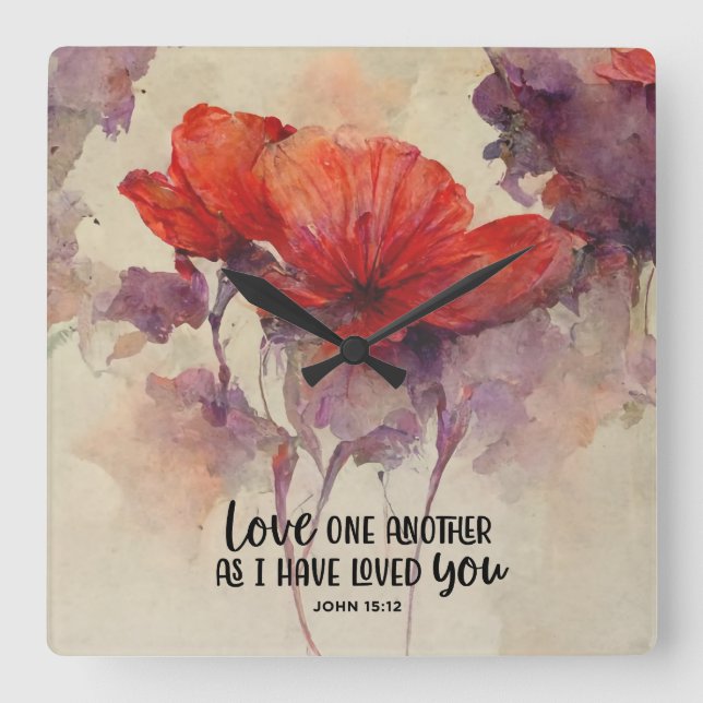 John 15:12 Love One Another Bible Verse Red Floral Square Wall Clock (Front)